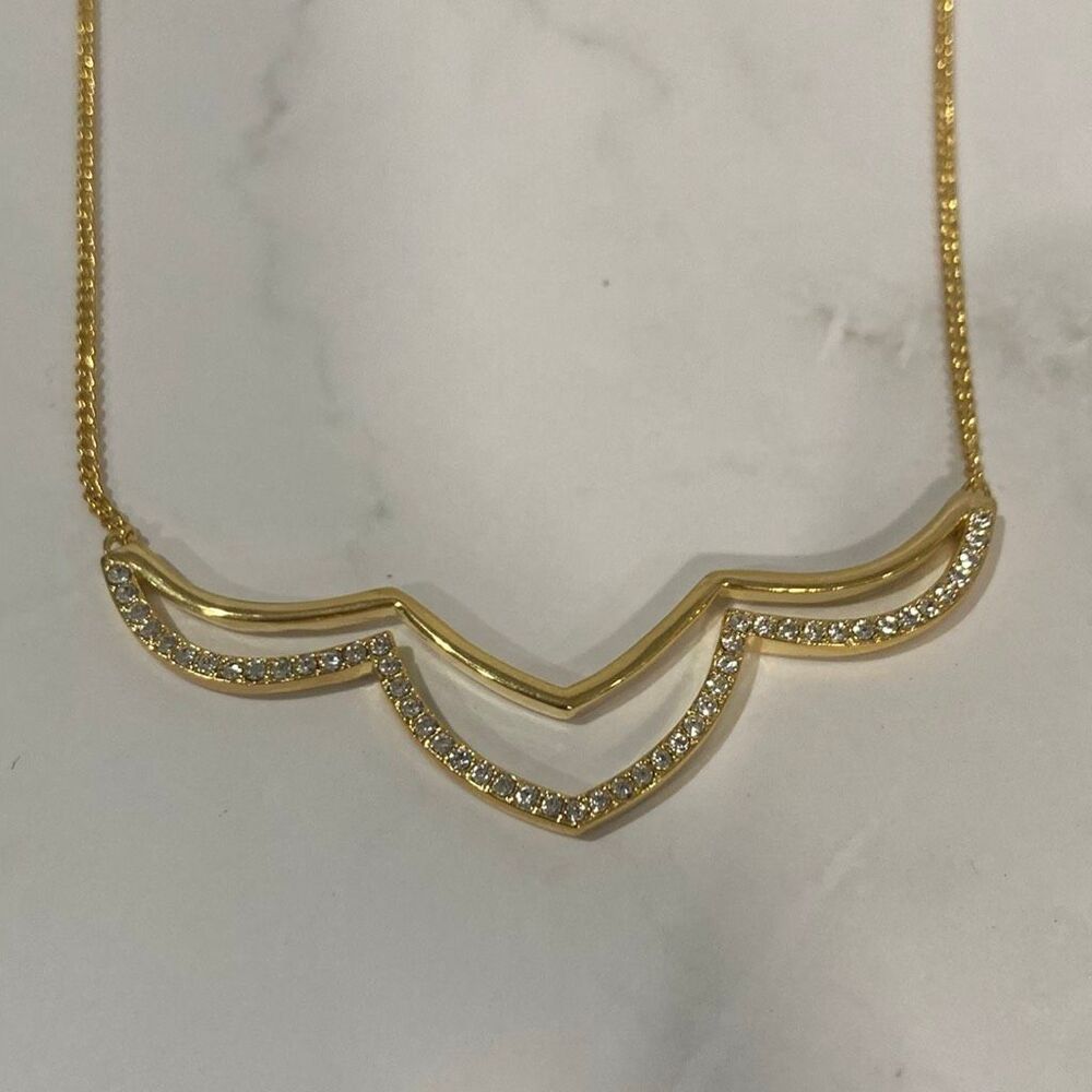 Gold Tone Rhinestone Chevron Statement Necklace 16" V Shape Sparkle - Picture 2 of 3